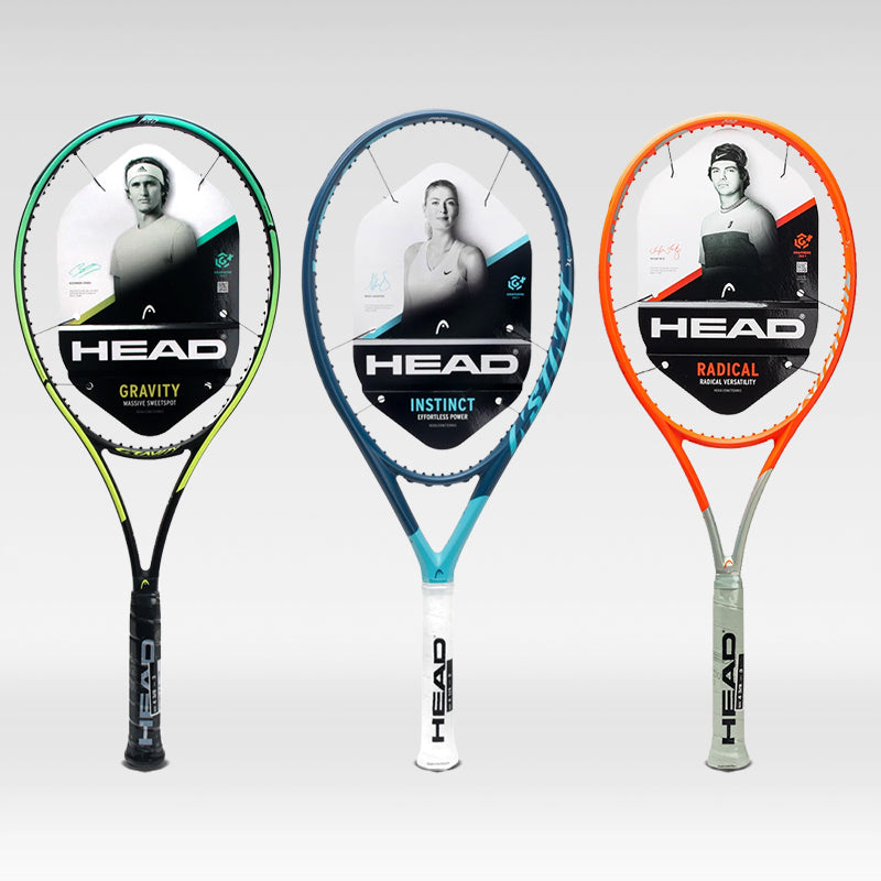 HEAD Gravity, Instinct, and Radical 2021 Tennis Racquets on a gray, gradiated background.